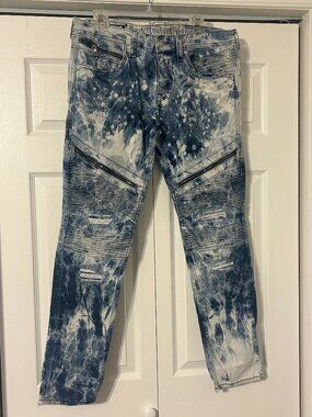 ROCK REVIVAL Moto Sz 34 x 32 Daviday Acid Wash Distressed Blue Denim Jeans